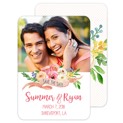 Ribbon with Flowers Photo Save The Date Announcements